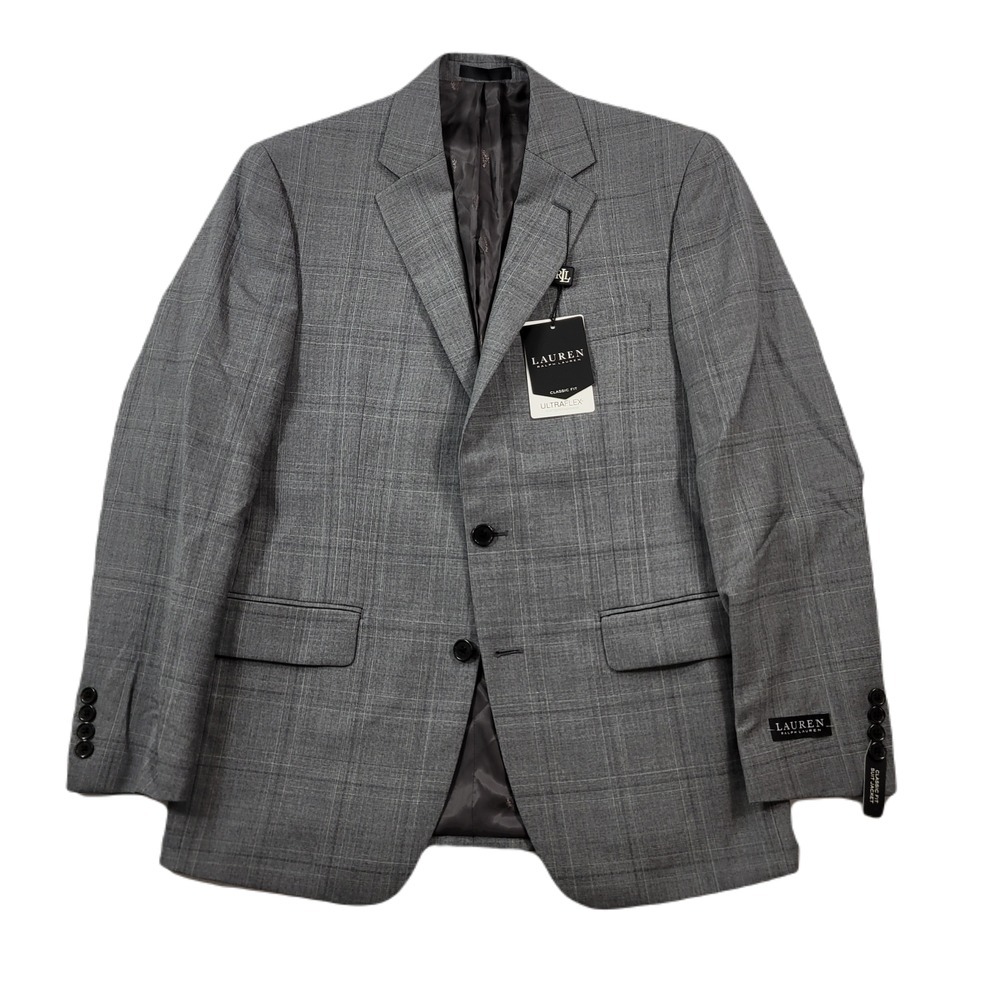Lauren Ralph Lauren Wool Suit Jacket Mens 38R 38 Light Grey Plaid Ultraflex $450